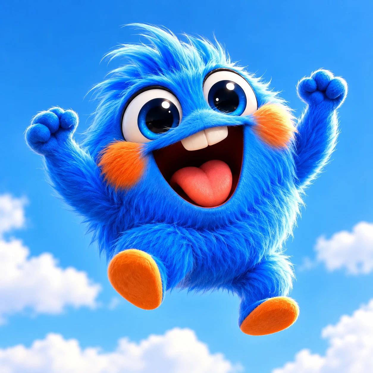 TREMBO, a joyful fluffy blue monster with orange cheeks and feet, jumping in a bright blue sky